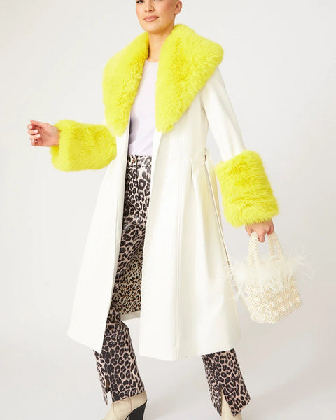 White Yellow Faux Leather Trench Coat with Faux Fur Collar and Cuffs-0