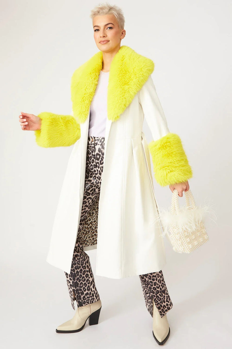 Bérénice — White Yellow Faux Leather Trench Coat with Faux Fur Collar and Cuffs