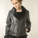 Black Shearling Leather Biker Jacket with Merino Fur-0