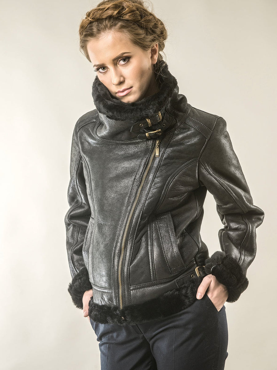 Black Shearling Leather Biker Jacket with Merino Fur-1