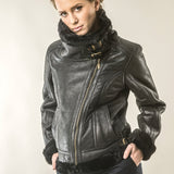 Black Shearling Leather Biker Jacket with Merino Fur-1