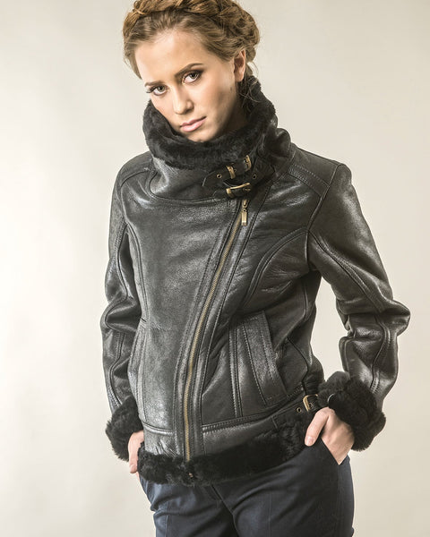 Black Shearling Leather Biker Jacket with Merino Fur-1