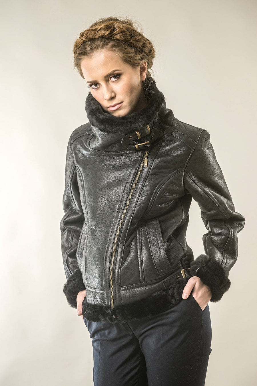 Coralie Beaumont — Black Shearling Leather Biker Jacket with Merino Fur, alternate view 2