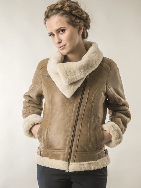 Light Brown Shearling Leather Biker Jacket with Merino Fur-1