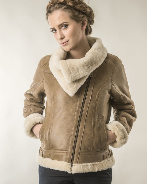 Light Brown Shearling Leather Biker Jacket with Merino Fur-1