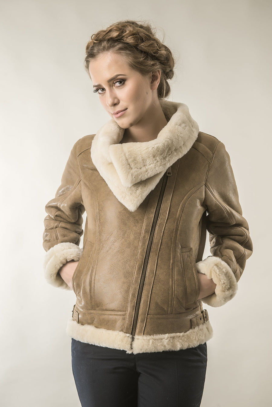 Ginevra Beaumont — Light Brown Shearling Leather Biker Jacket with Merino Fur, alternate view 2