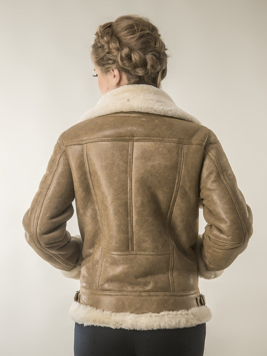 Light Brown Shearling Leather Biker Jacket with Merino Fur-2