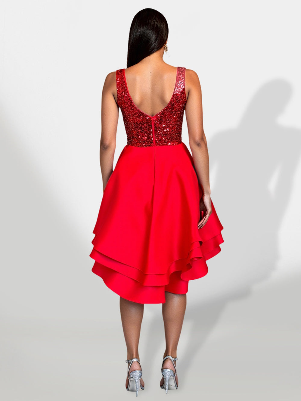 Camille Delacroix — Elegant V-Neck Tiered Hem Dress with Sparkling Sequins, alternate view 3