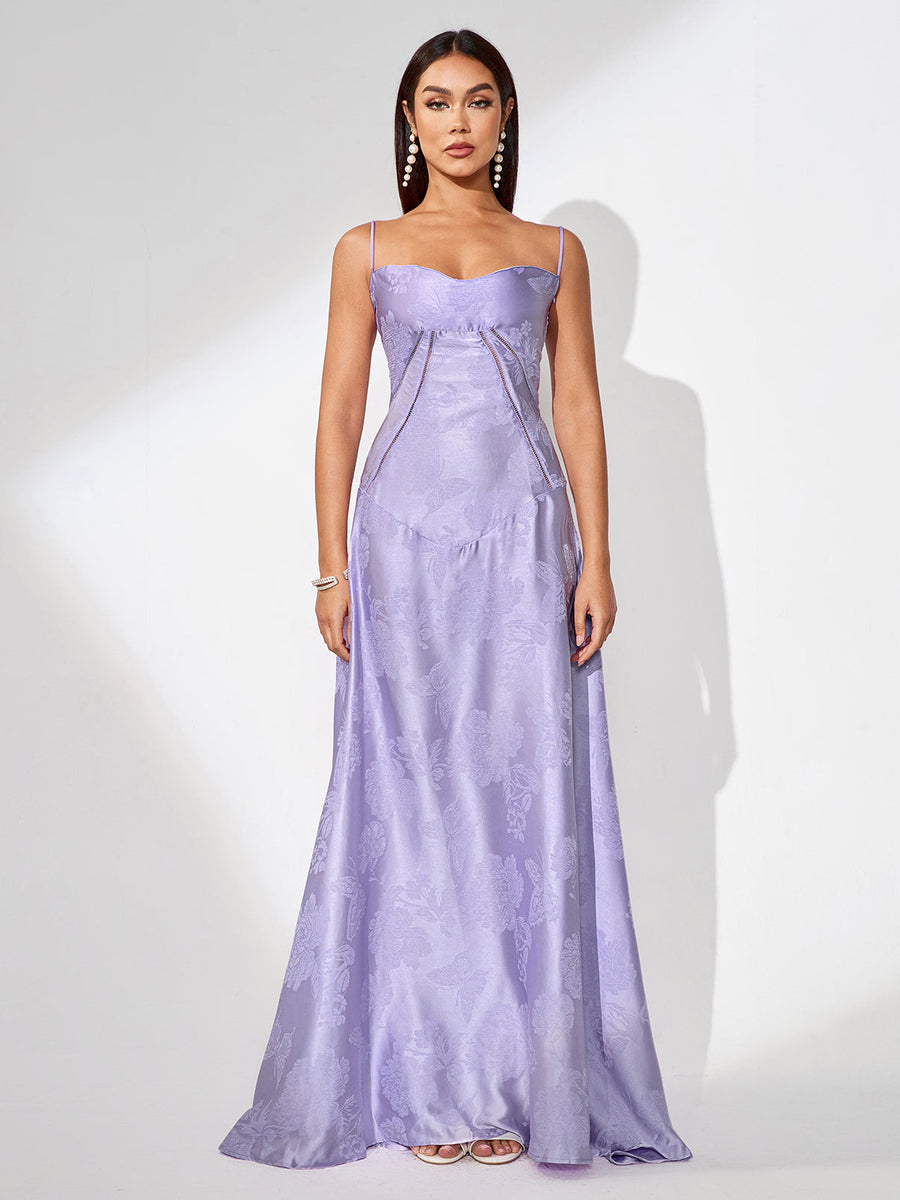 Purple Jacquard Strap Flared Dress - Opulent Empire