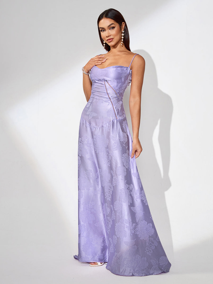Purple Jacquard Strap Flared Dress - Opulent Empire