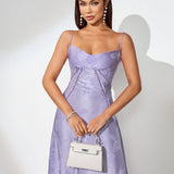 Purple Jacquard Strap Flared Dress - Opulent Empire