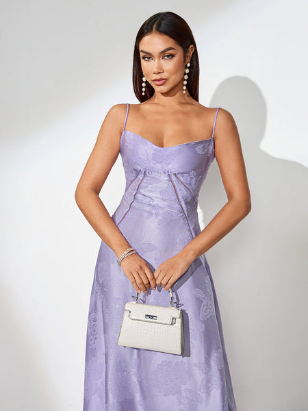 Purple Jacquard Strap Flared Dress - Opulent Empire