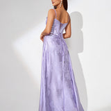 Purple Jacquard Strap Flared Dress - Opulent Empire