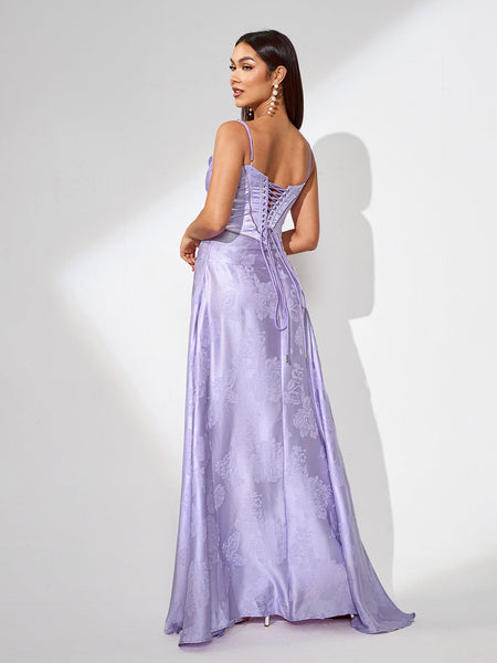 Purple Jacquard Strap Flared Dress - Opulent Empire