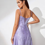Purple Jacquard Strap Flared Dress - Opulent Empire