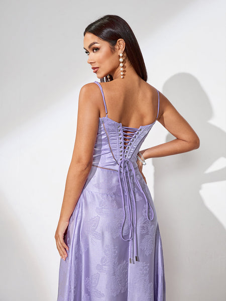 Purple Jacquard Strap Flared Dress - Opulent Empire