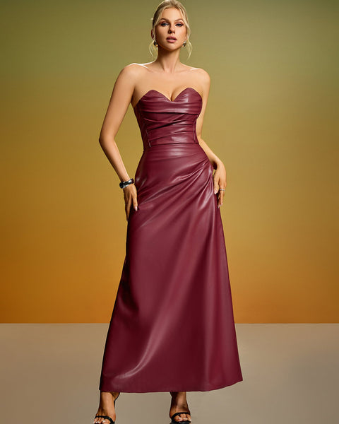 Strapless Corset PU Leather Maxi Dress