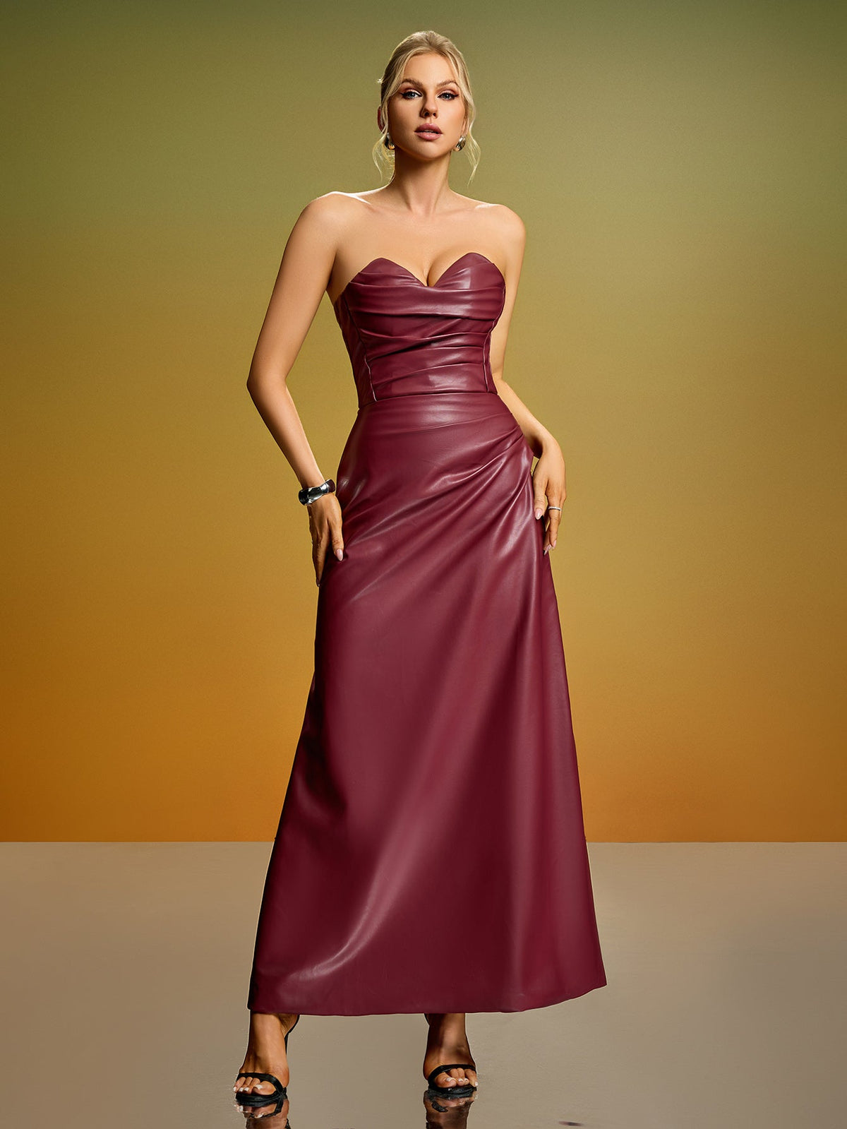 Strapless Corset PU Leather Maxi Dress