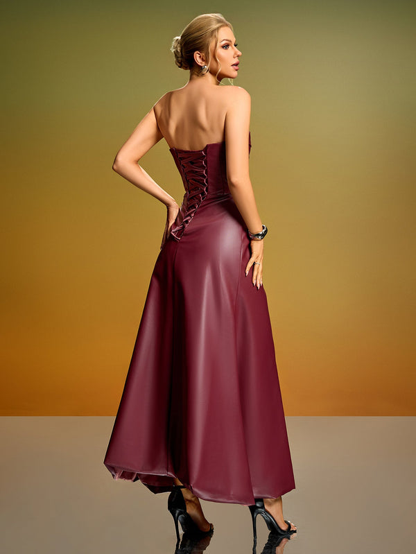 Strapless Corset PU Leather Maxi Dress