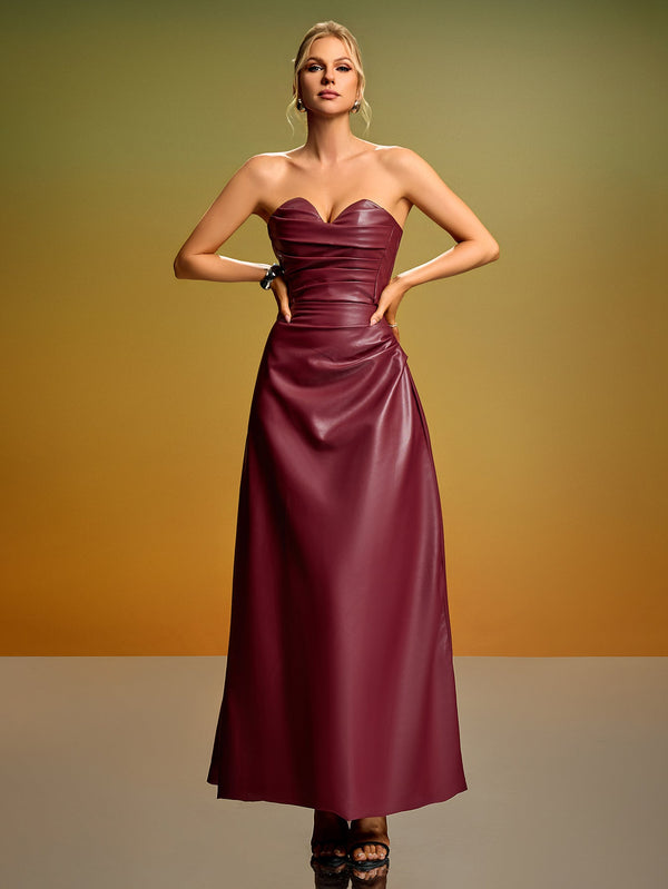 Strapless Corset PU Leather Maxi Dress