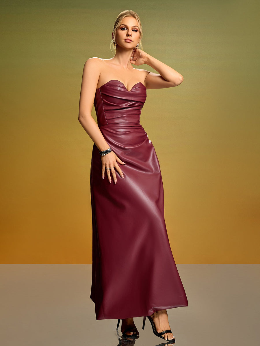 Strapless Corset PU Leather Maxi Dress