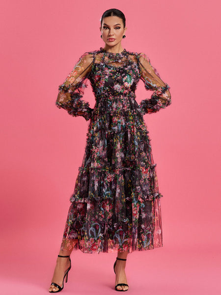 Bishop Sleeve Floral Tulle Ruffle Dress - Opulent Empire