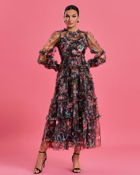 Bishop Sleeve Floral Tulle Ruffle Dress - Opulent Empire
