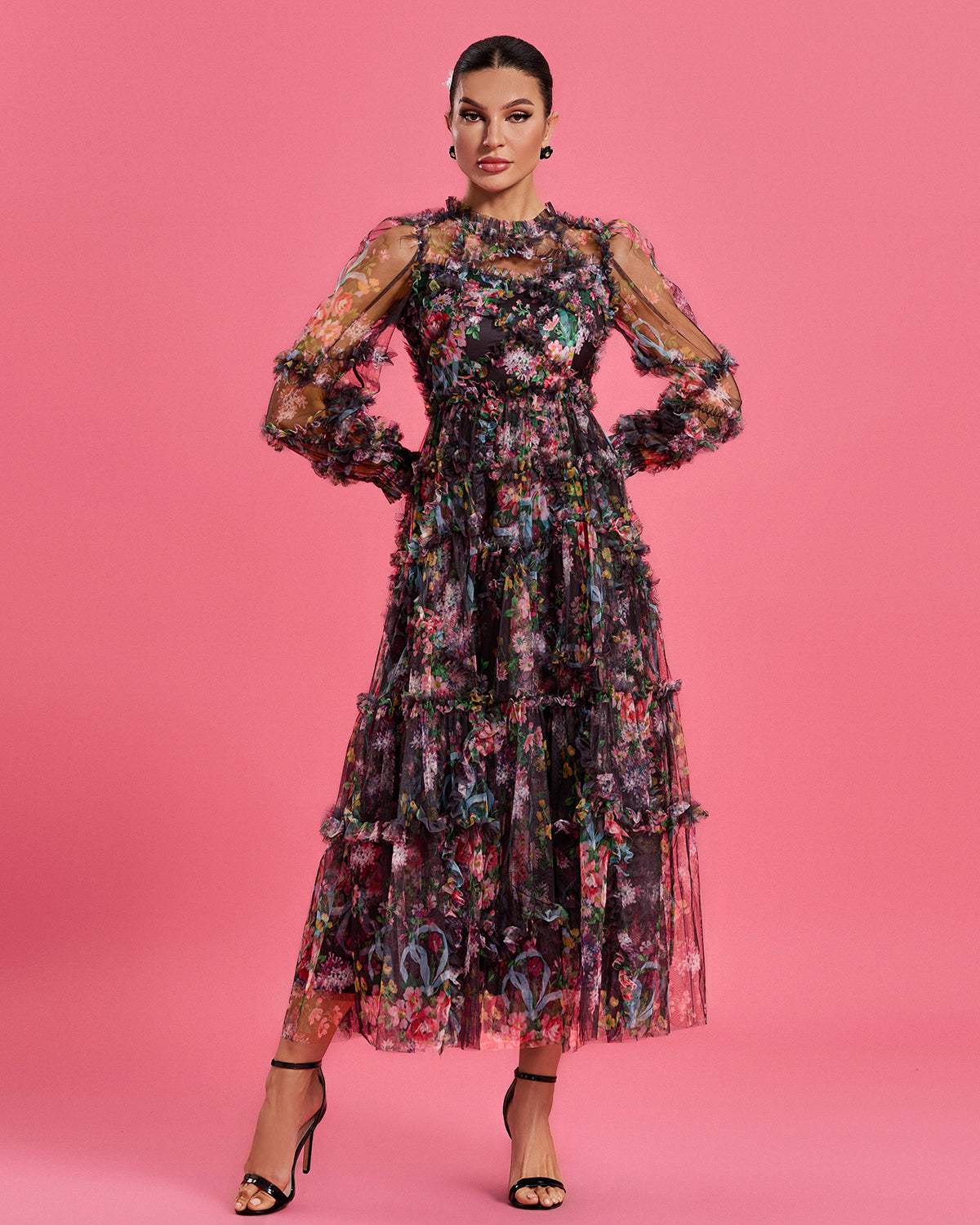 Perrin — Bishop Sleeve Floral Tulle Ruffle Dress, alternate view 6