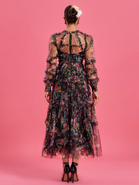 Bishop Sleeve Floral Tulle Ruffle Dress - Opulent Empire
