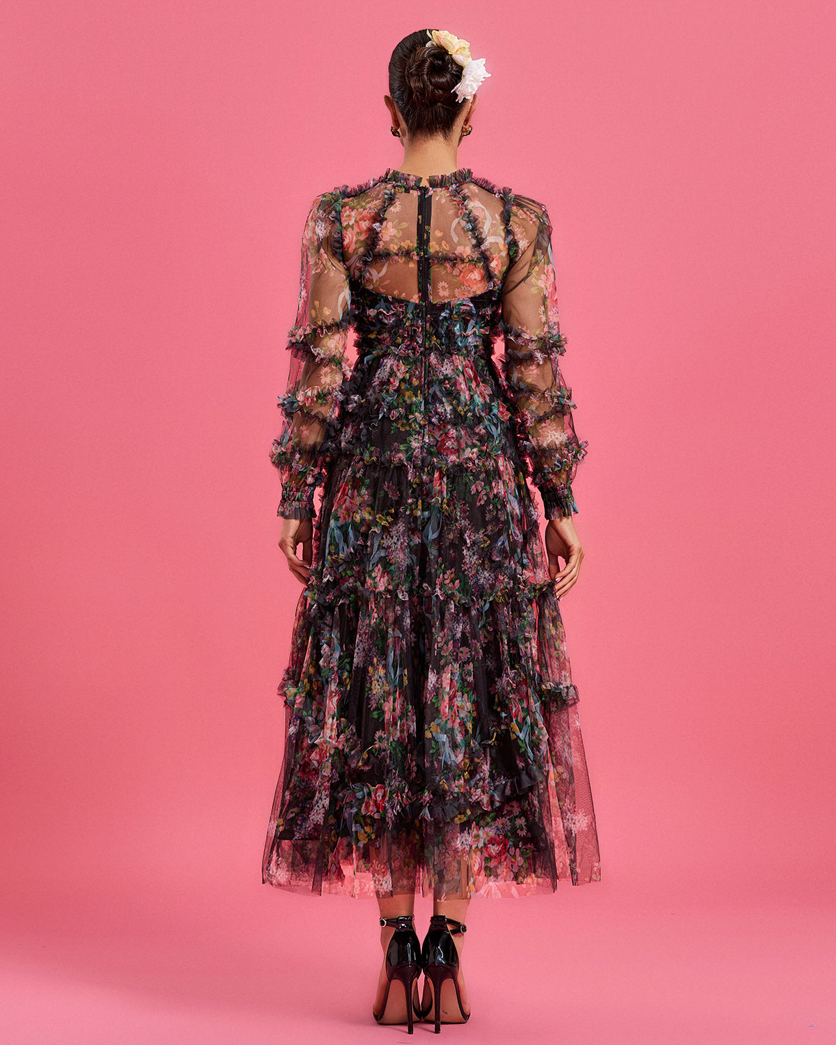 Bishop Sleeve Floral Tulle Ruffle Dress - Opulent Empire