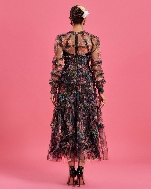 Bishop Sleeve Floral Tulle Ruffle Dress - Opulent Empire