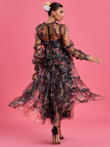 Bishop Sleeve Floral Tulle Ruffle Dress - Opulent Empire