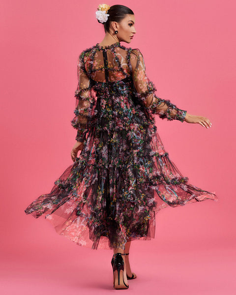 Bishop Sleeve Floral Tulle Ruffle Dress - Opulent Empire