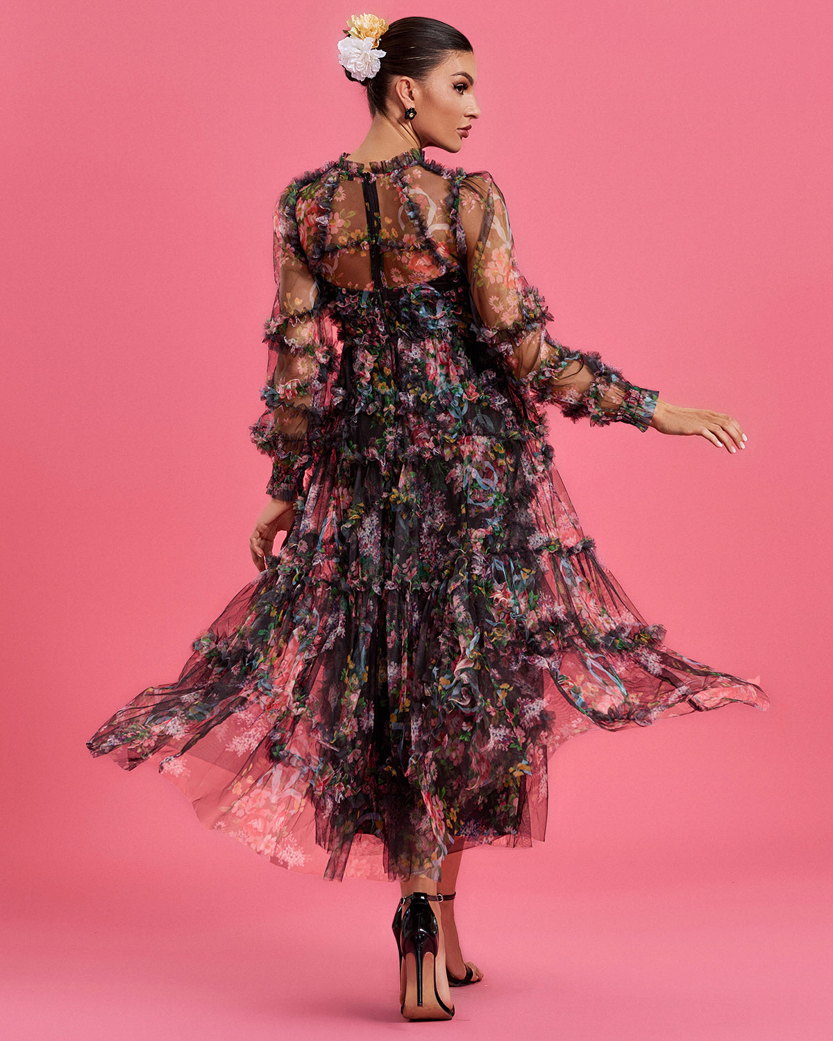 Perrin — Bishop Sleeve Floral Tulle Ruffle Dress, alternate view 2