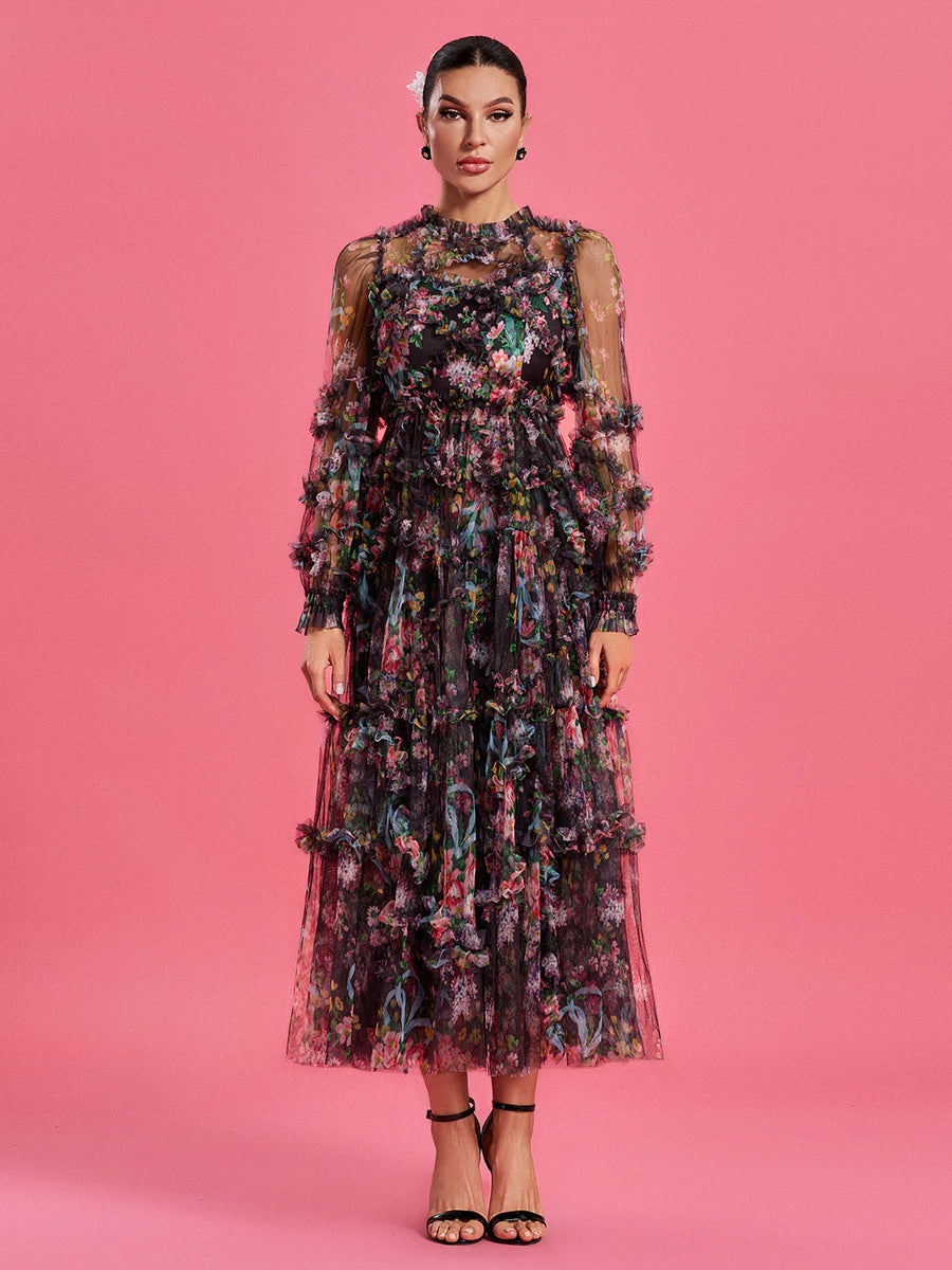 Bishop Sleeve Floral Tulle Ruffle Dress - Opulent Empire