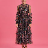 Bishop Sleeve Floral Tulle Ruffle Dress - Opulent Empire