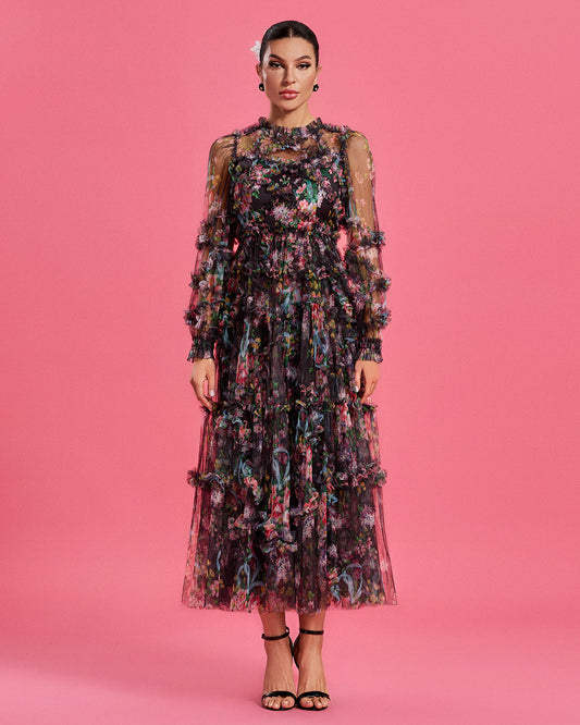 Bishop Sleeve Floral Tulle Ruffle Dress - Opulent Empire