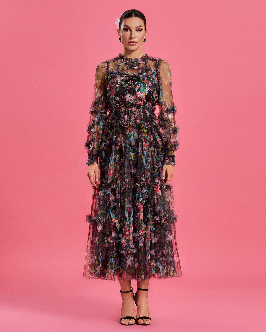 Perrin — Bishop Sleeve Floral Tulle Ruffle Dress