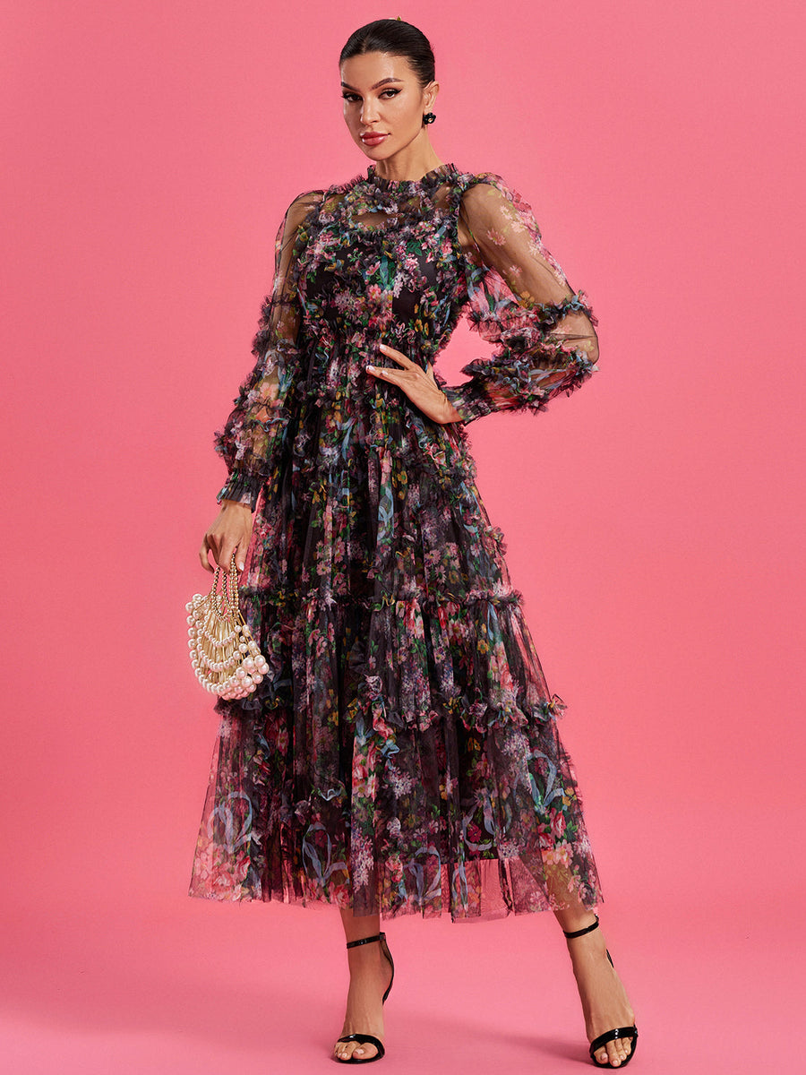 Bishop Sleeve Floral Tulle Ruffle Dress - Opulent Empire