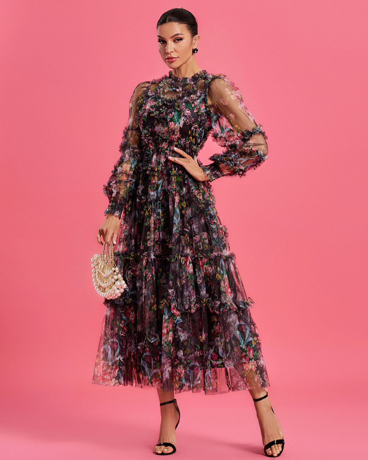 Bishop Sleeve Floral Tulle Ruffle Dress - Opulent Empire