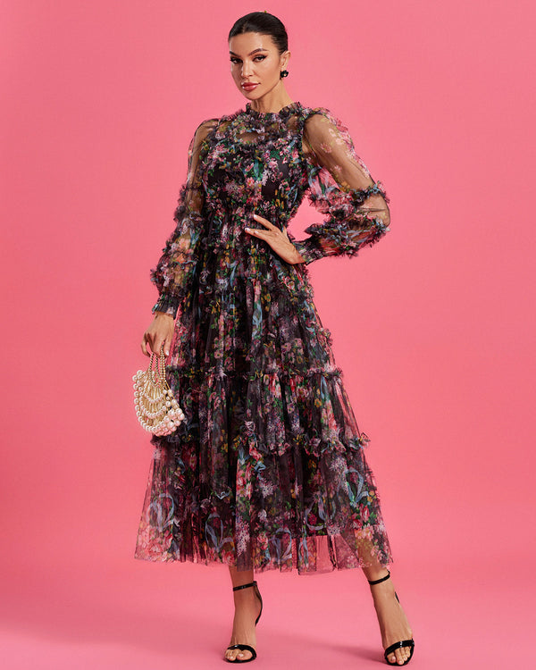 Bishop Sleeve Floral Tulle Ruffle Dress - Opulent Empire