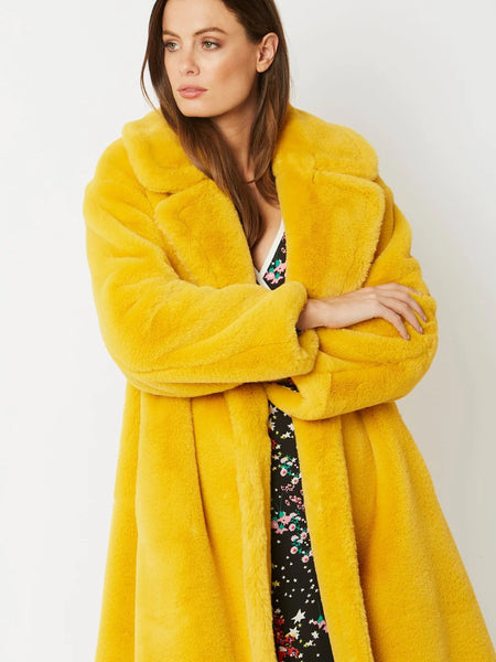 Yellow Faux Fur Midi Shaved Shearling Coat