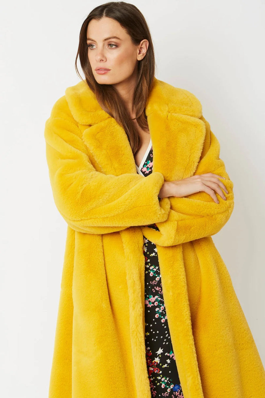 Perdita — Yellow Faux Fur Midi Shaved Shearling Coat, alternate view 2