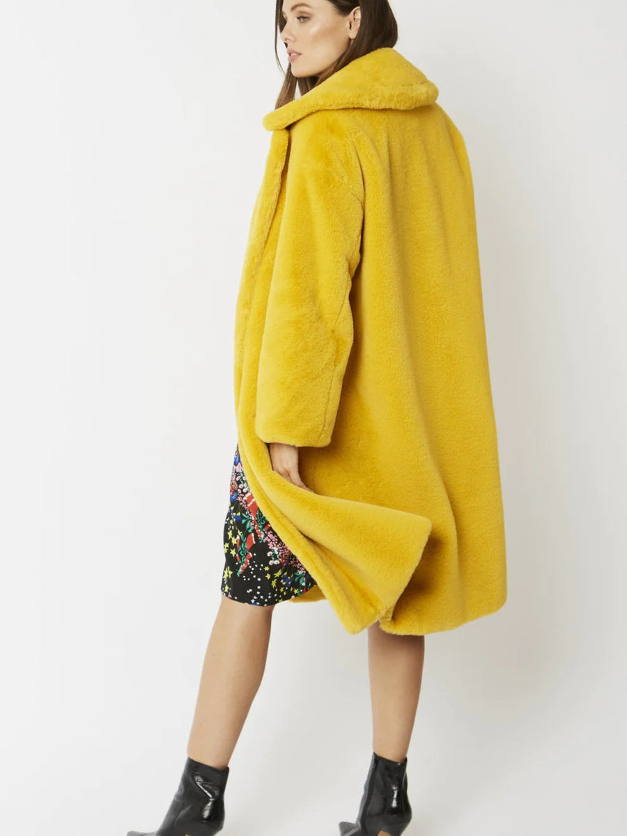 Yellow Faux Fur Midi Shaved Shearling Coat