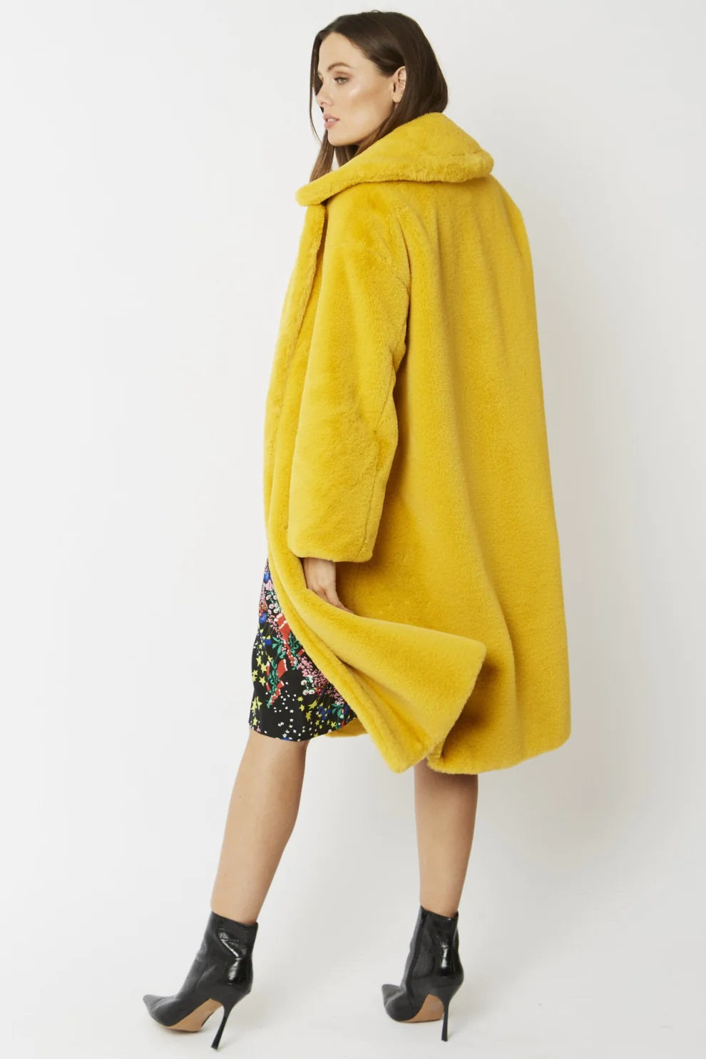 Perdita — Yellow Faux Fur Midi Shaved Shearling Coat, alternate view 3