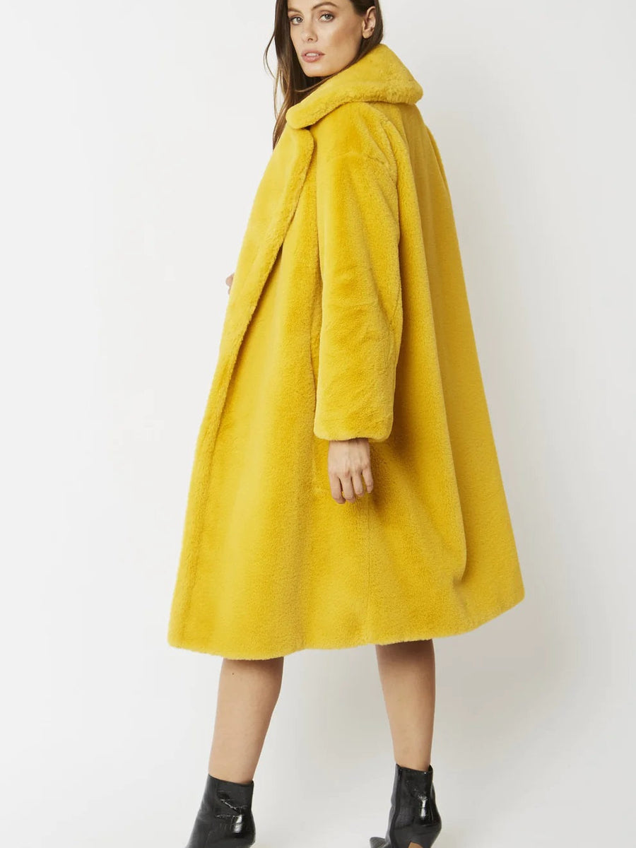 Yellow Faux Fur Midi Shaved Shearling Coat