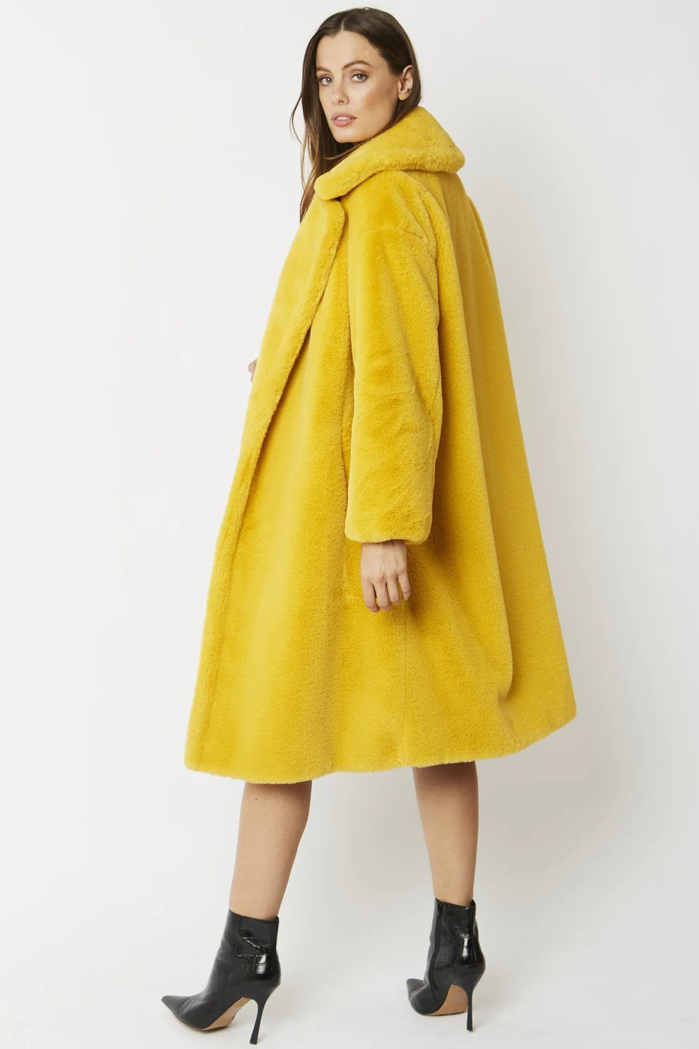Perdita — Yellow Faux Fur Midi Shaved Shearling Coat, alternate view 4