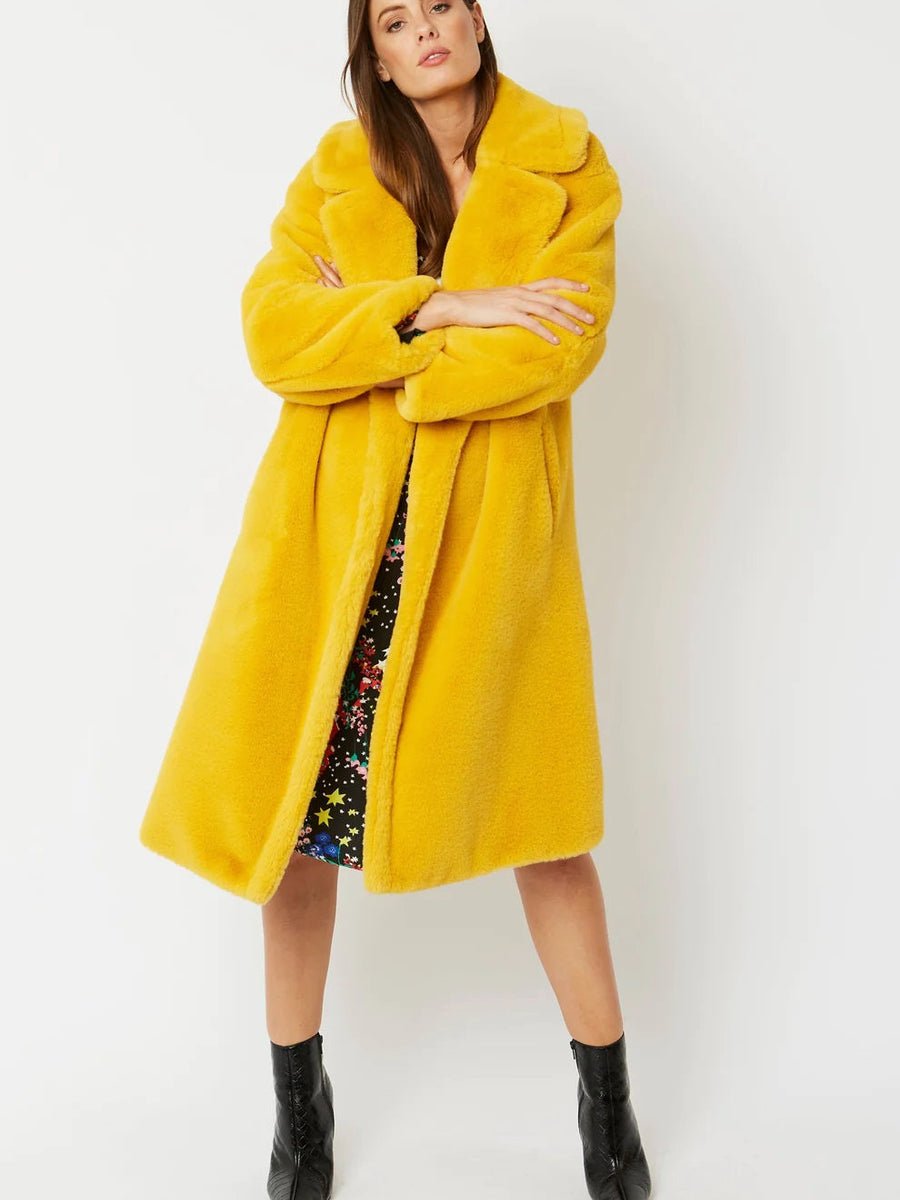 Yellow Faux Fur Midi Shaved Shearling Coat