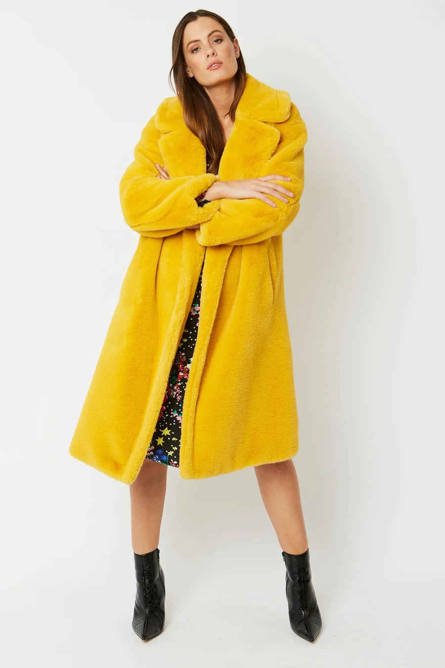 Perdita — Yellow Faux Fur Midi Shaved Shearling Coat