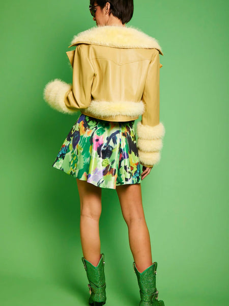Yellow Faux Leather Faux Fur Biker Jacket-3